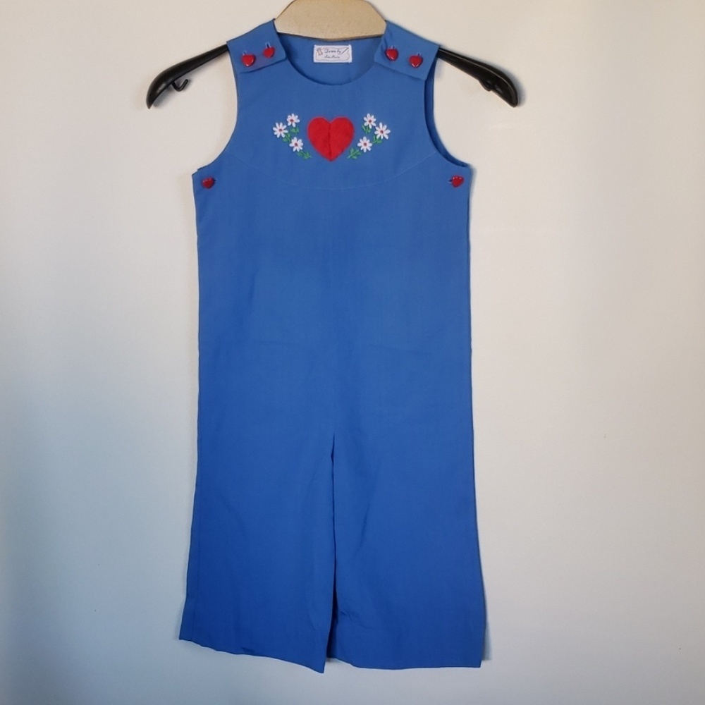 Vintage handmade girls blue jumpsuit embroidered
